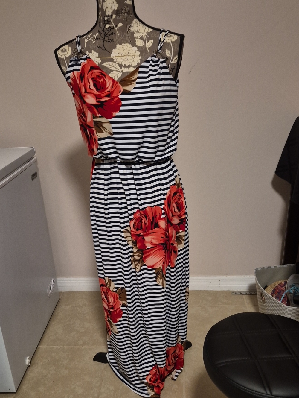 Enfocus Studio Navy and White Striped Maxi Dress with Red Rose Print